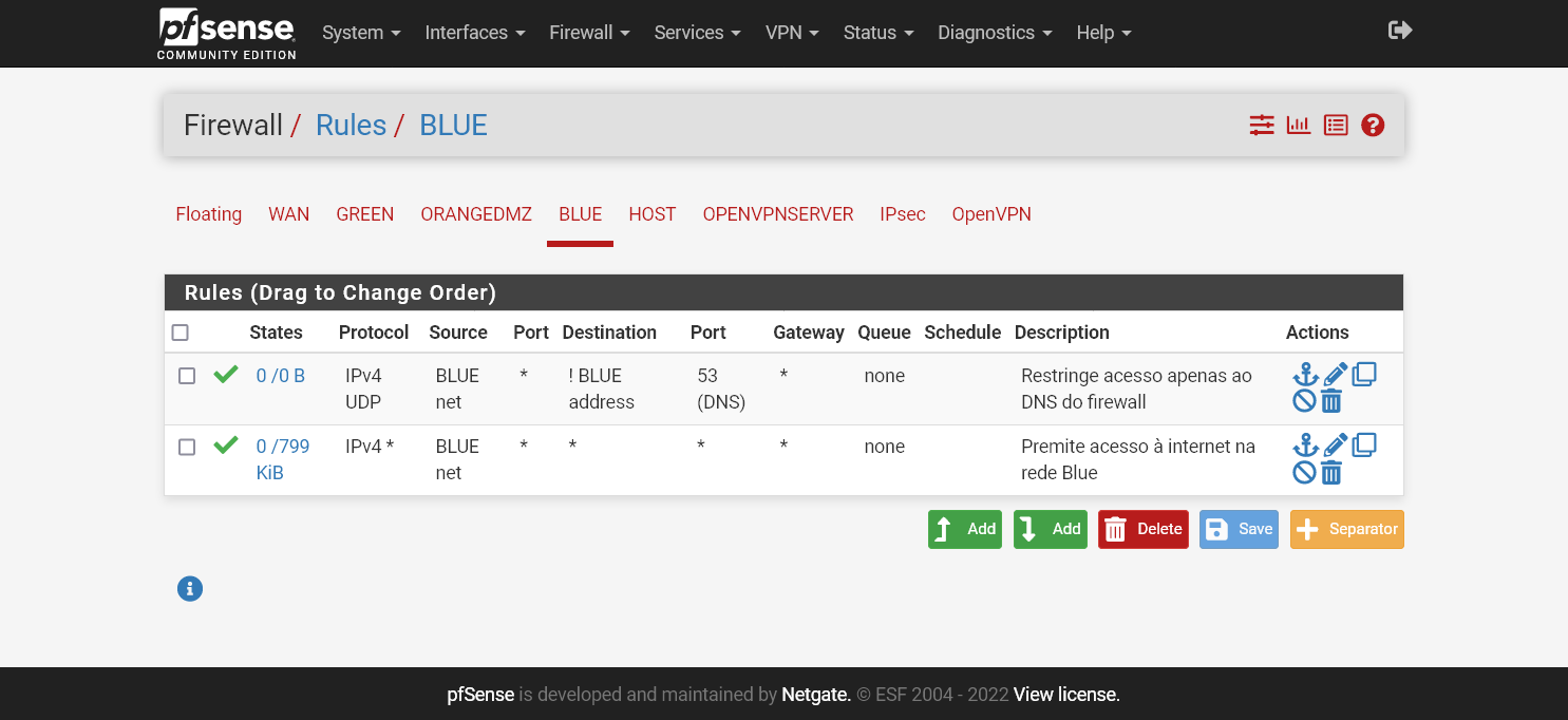 Regra do firewall permitindo acesso à internet na rede Blue e acesso exclusivo ao DNS do firewall