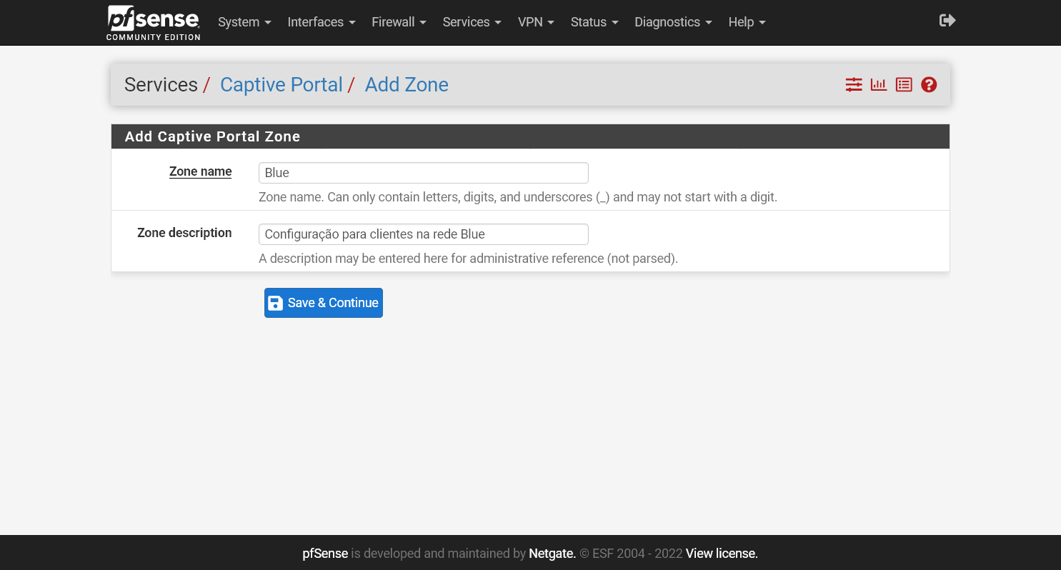 Adicionar nova zona de Captive Portal