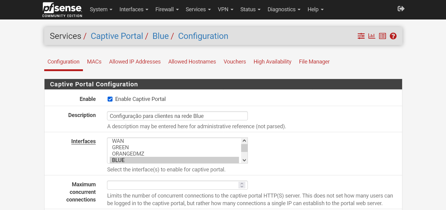 Habilitar o Captive Portal e selecionar a interface