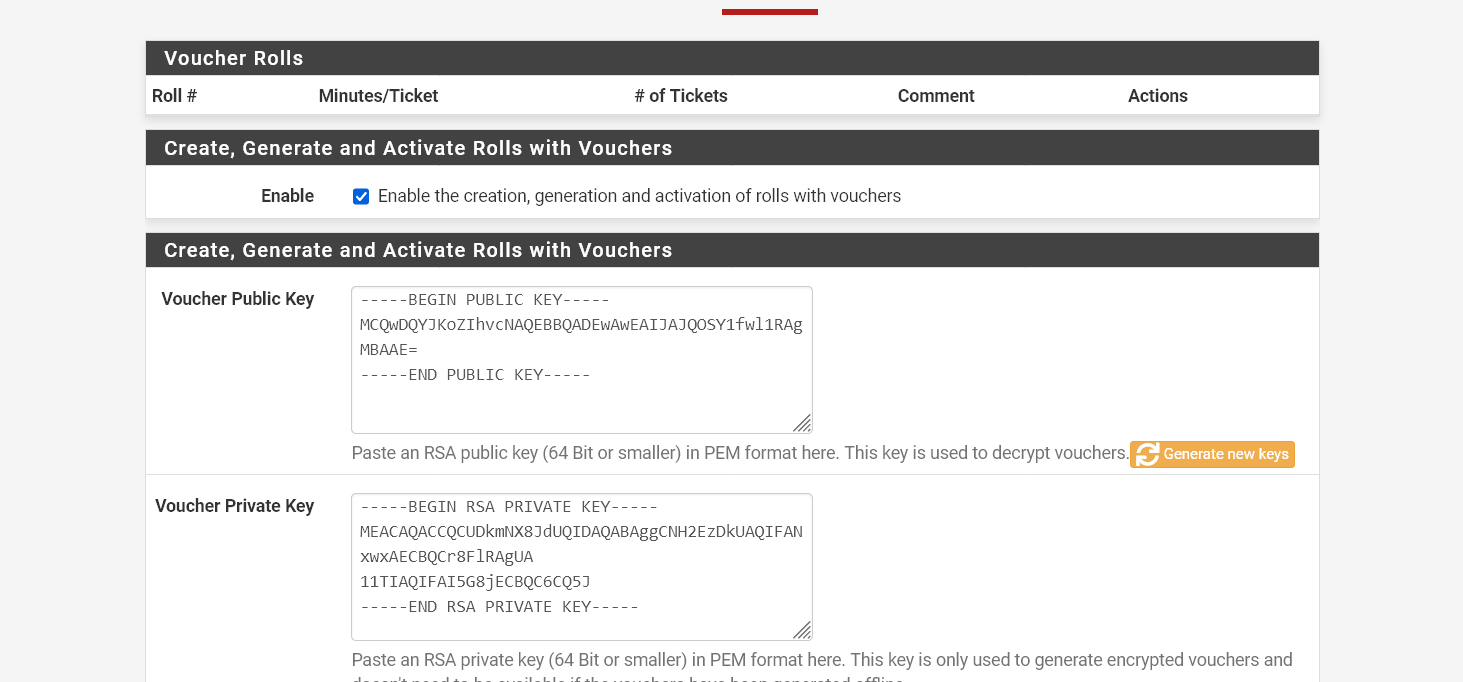Habilitar a criação de vouchers e gerar o par de chaves pública-privada