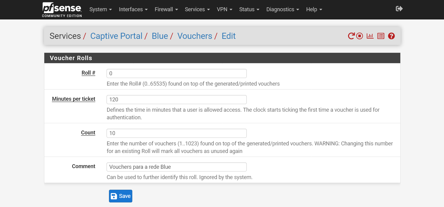 Configuração dos vouchers