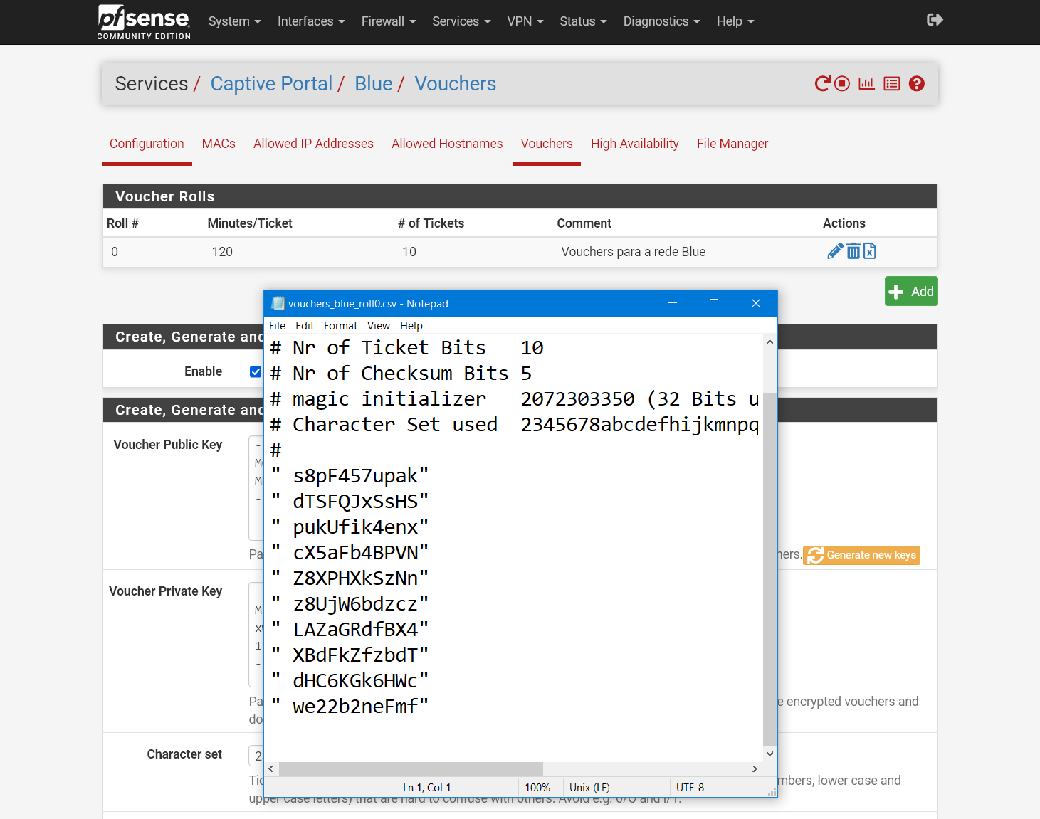 Arquivo .csv com os vouchers gerados