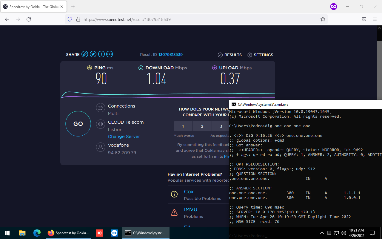 Velocidade limitada e DNS do firewall sendo utilizado