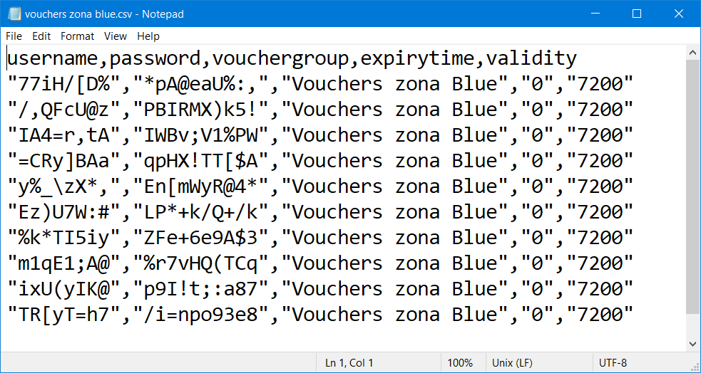 Arquivo .csv com os vouchers