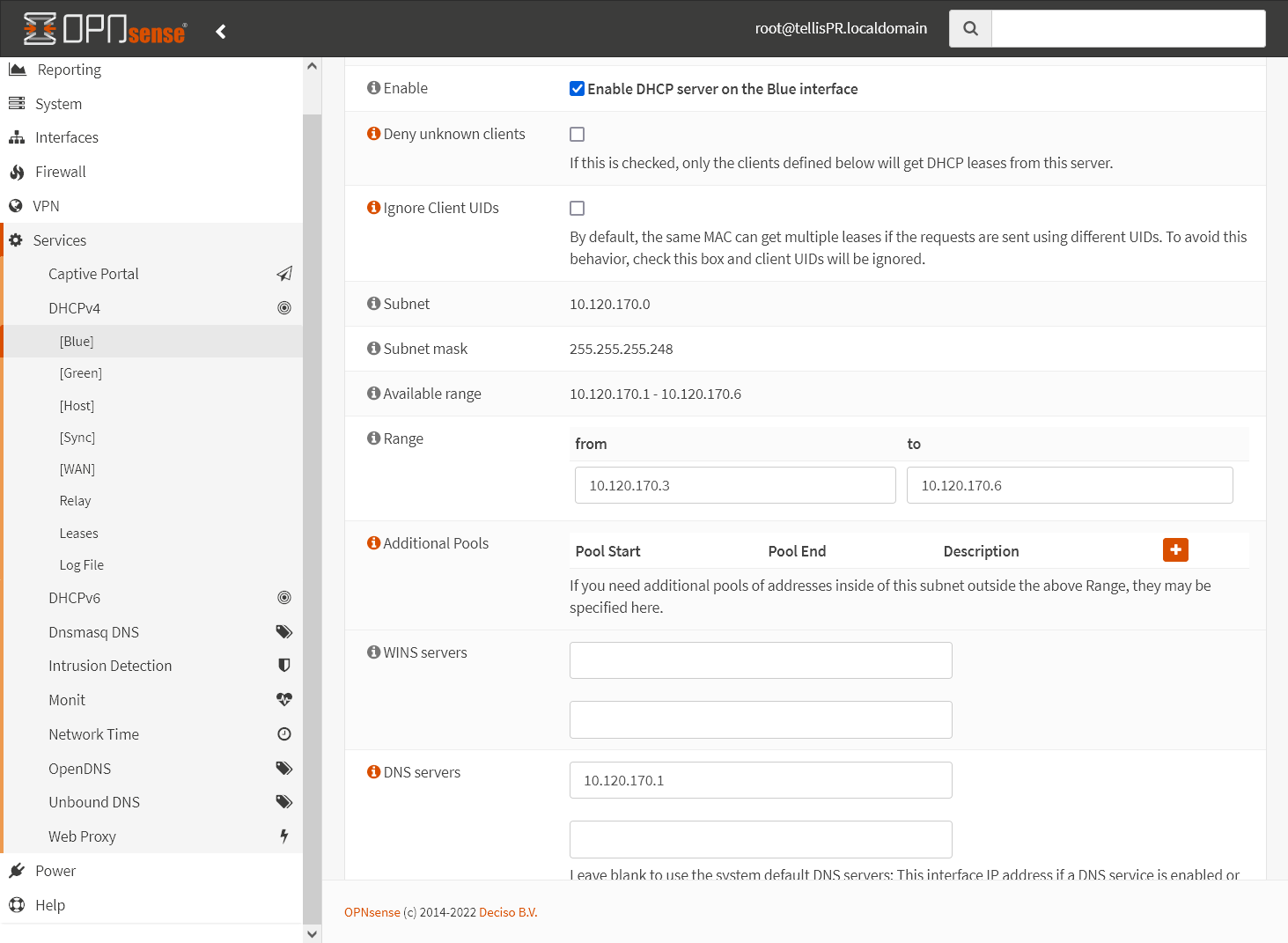 Configuração do servidor DHCP na interface Blue
