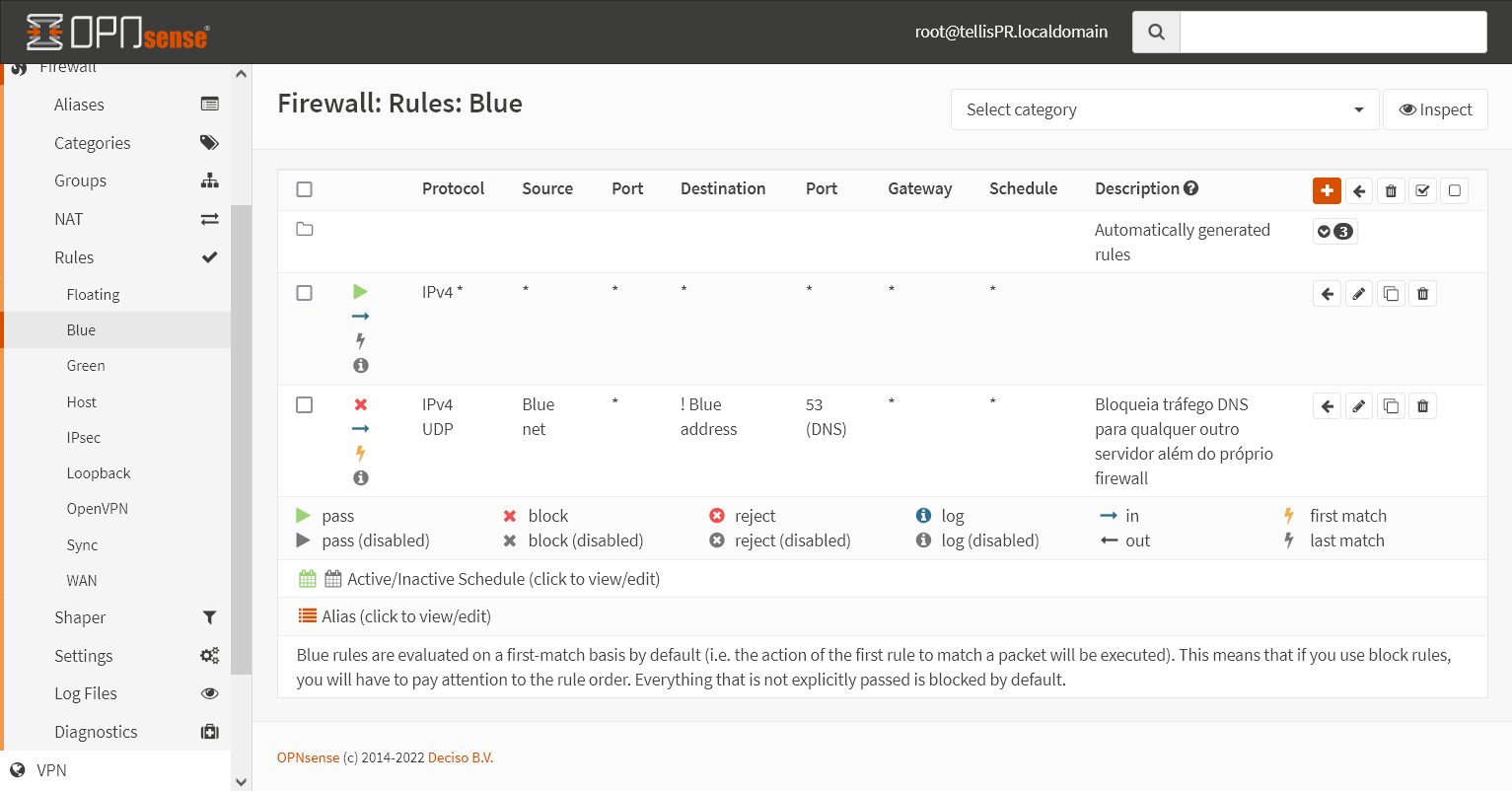 Regras no firewall da interface Blue do OPNsense para permitir o acesso à internet enquanto bloqueia o acesso a qualquer servidos DNS além do firewall