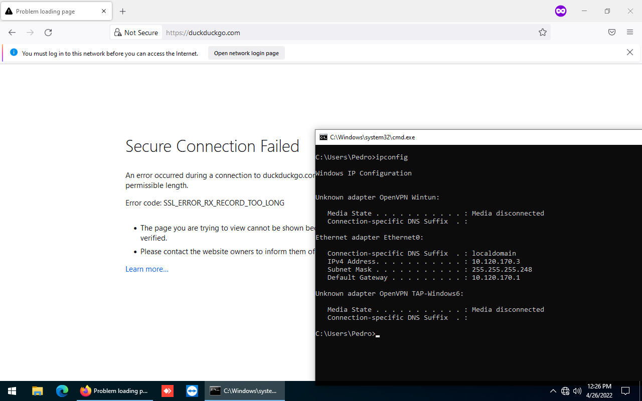 Cliente Windows na rede Blue do OPNsense sendo notificado que precisa fazer login para poder acessar a internet