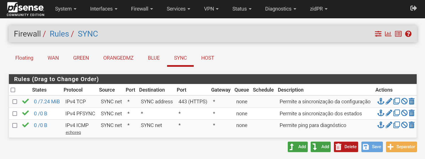 Regras de firewall para a interface Sync