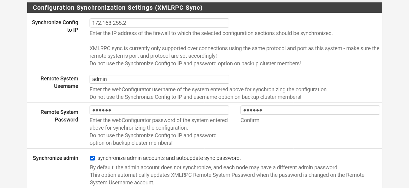 High Availability - Configuration Syncronization Settings