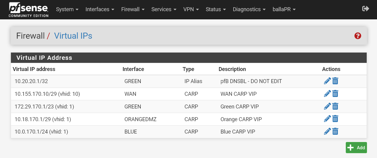CARP Virtual IPs para as interfaces