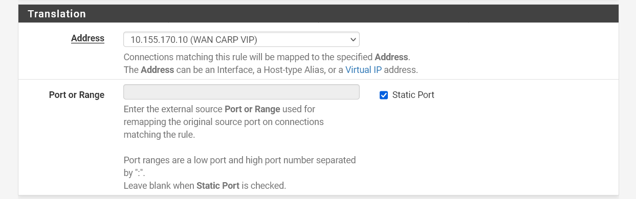 Alterar Translation Address para WAN CARP VIP