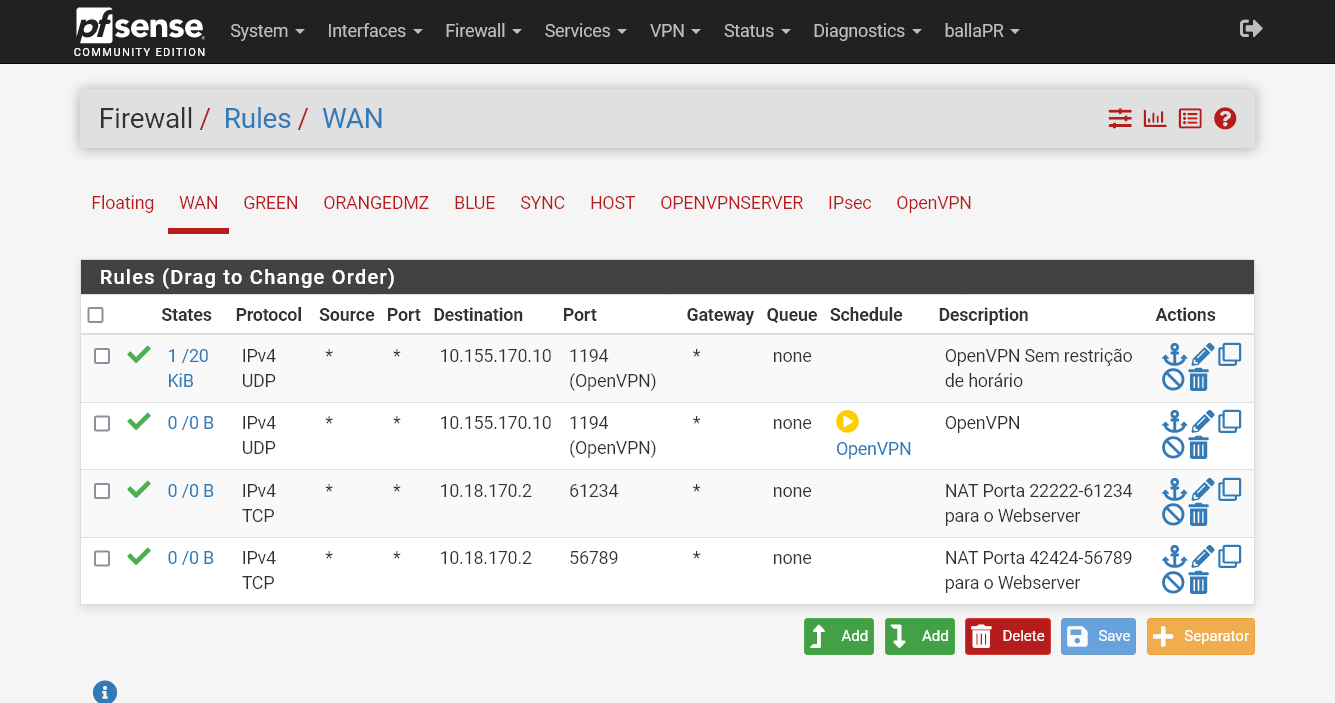 Regras do firewall para OpenVPN