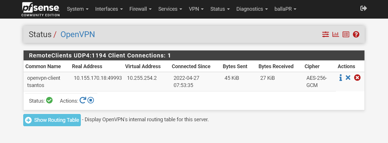 Cliente remoto ligado através do servidor OpenVPN através do firewall principal
