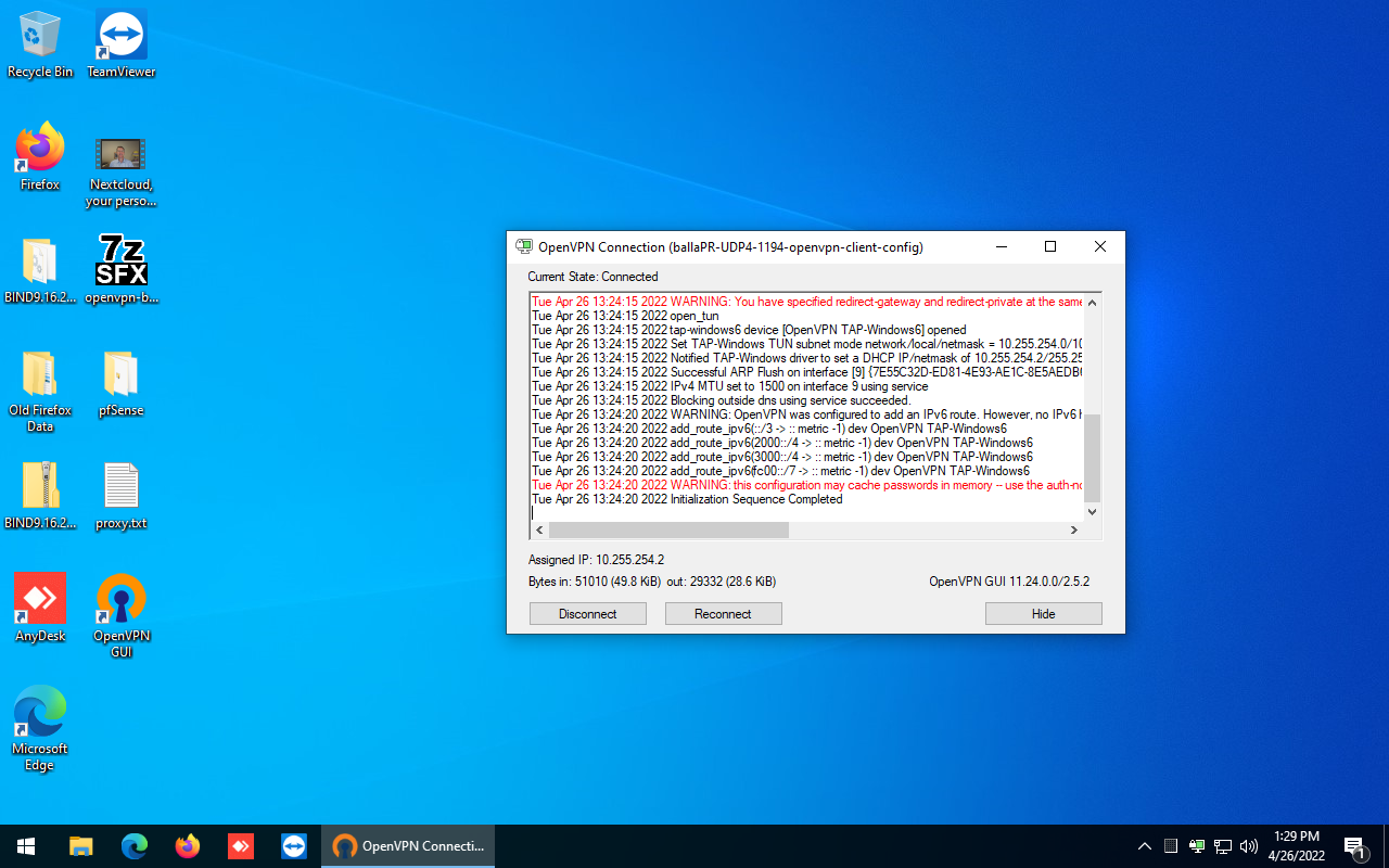 Cliente ligado com sucesso através da VPN OpenVPN