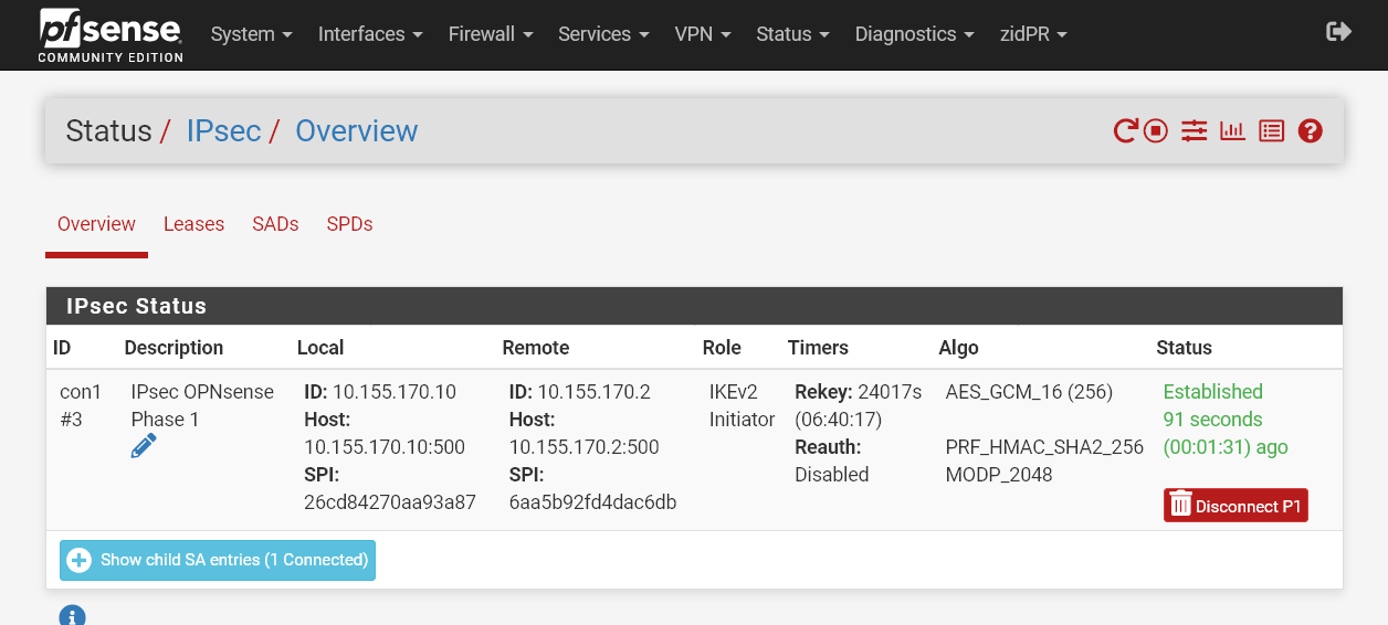 Túnel IPsec ativo no firewall secundário