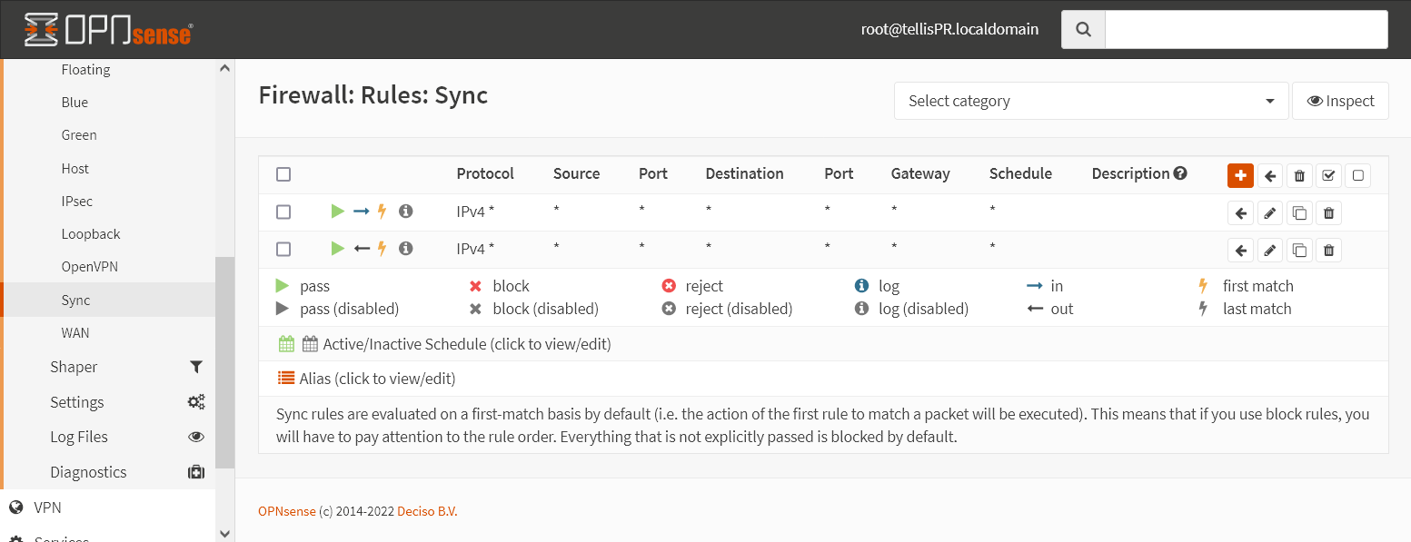 Regra permitindo tráfego na interface Sync no OPNsense