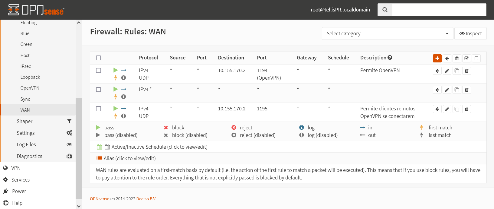 Atualizar regras no firewall para os servidores OpenVPN