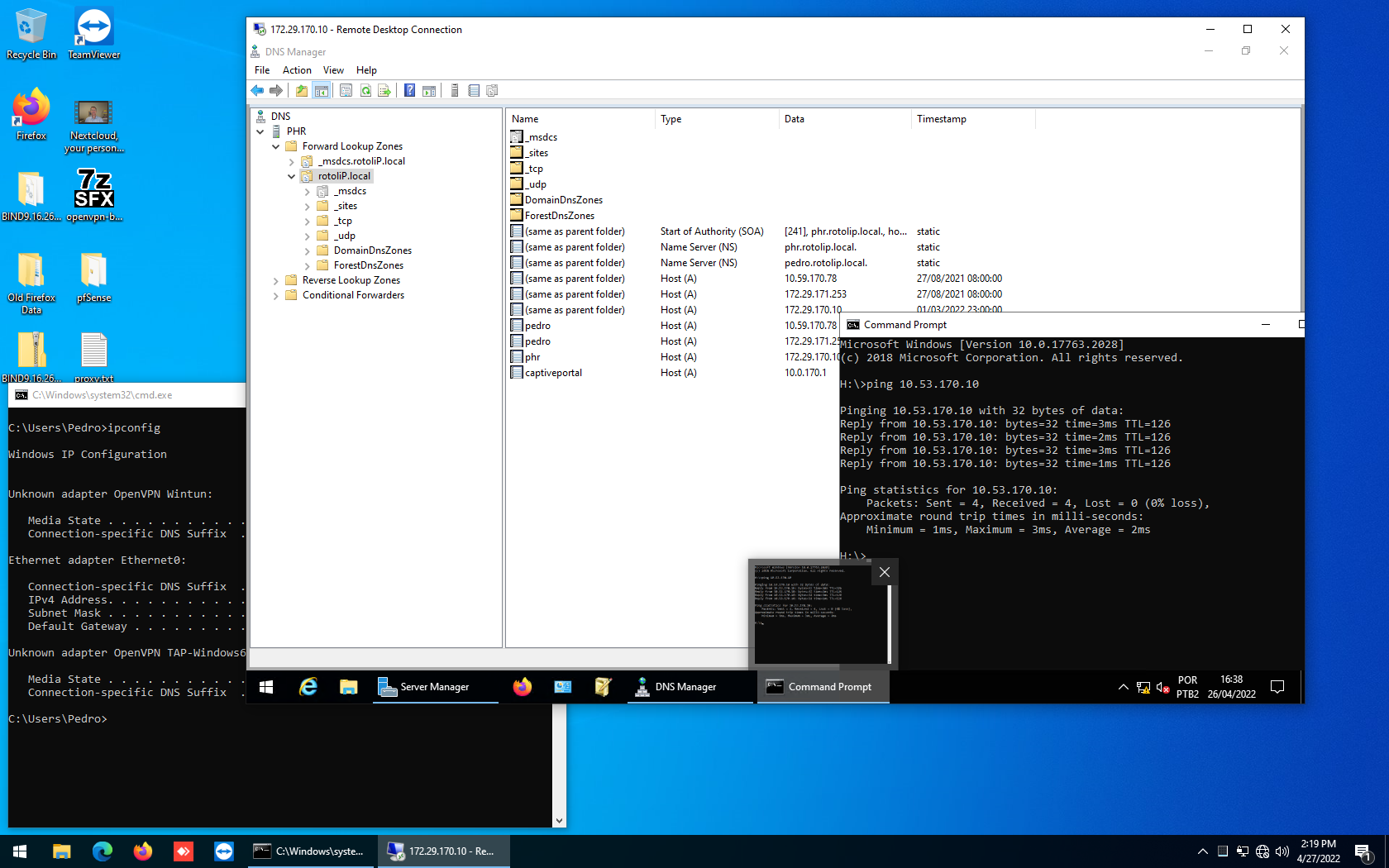 Cliente na rede Green do OPNsense acessando o Windows Server através da VPN OpenVPN site to site