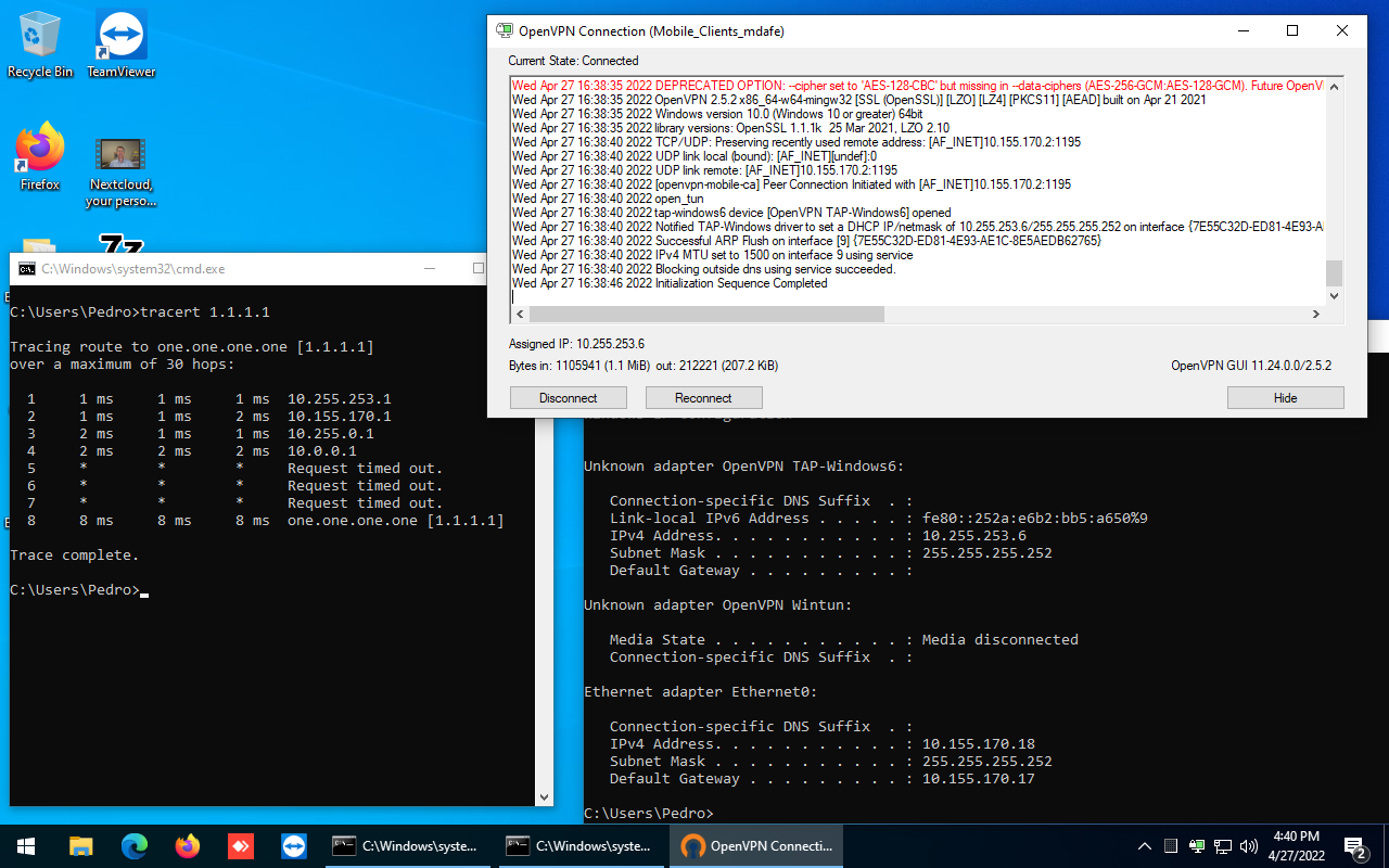 Cliente remoto conectado ao firewall secundário em failover acessando a internet através da VPN