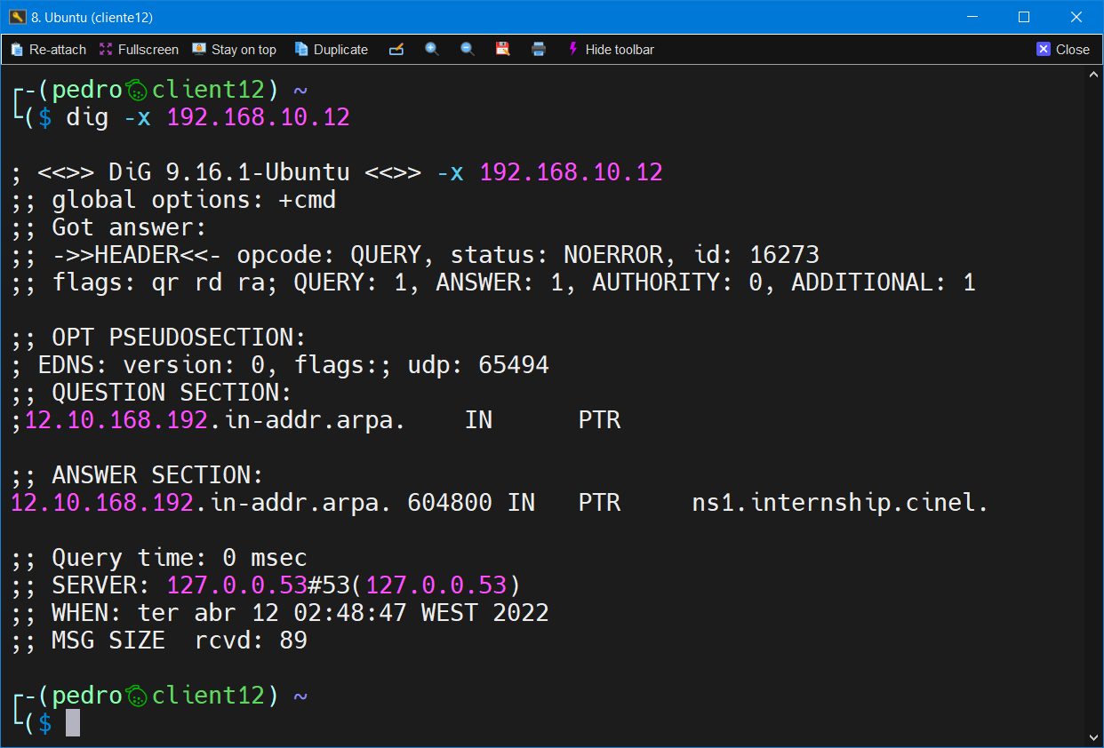 Reverse lookup para o IP 192.168.10.12