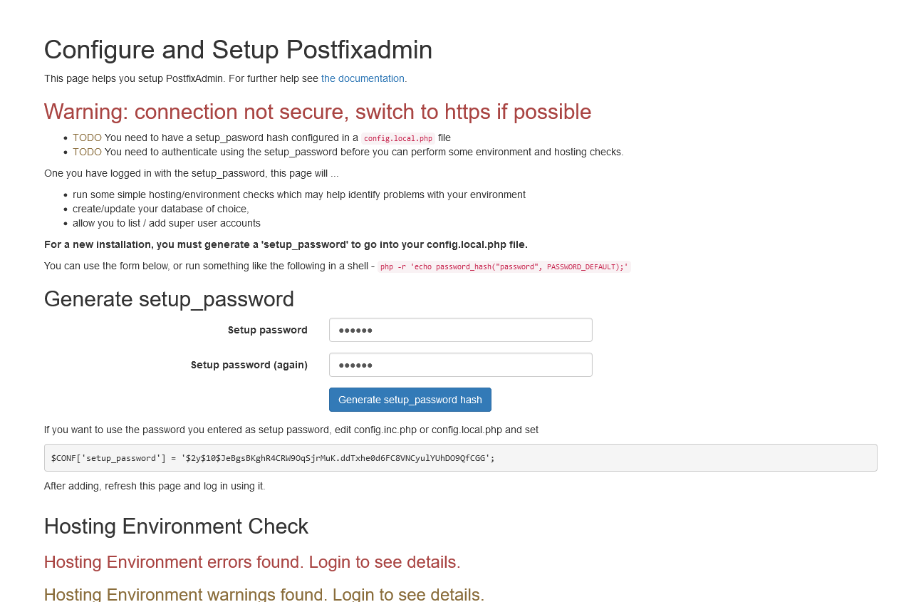 Setup Password do PostfixAdmin