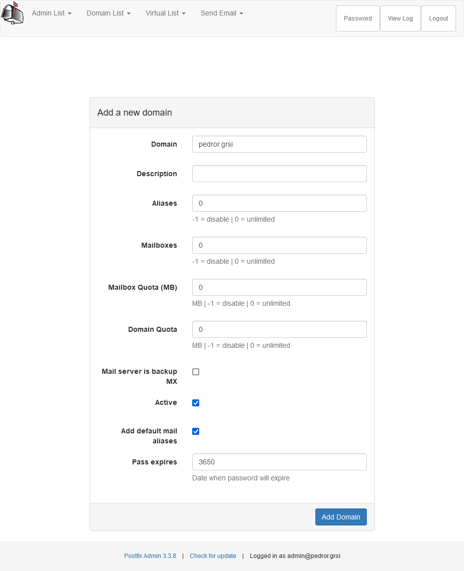 Adicionar novo domínio