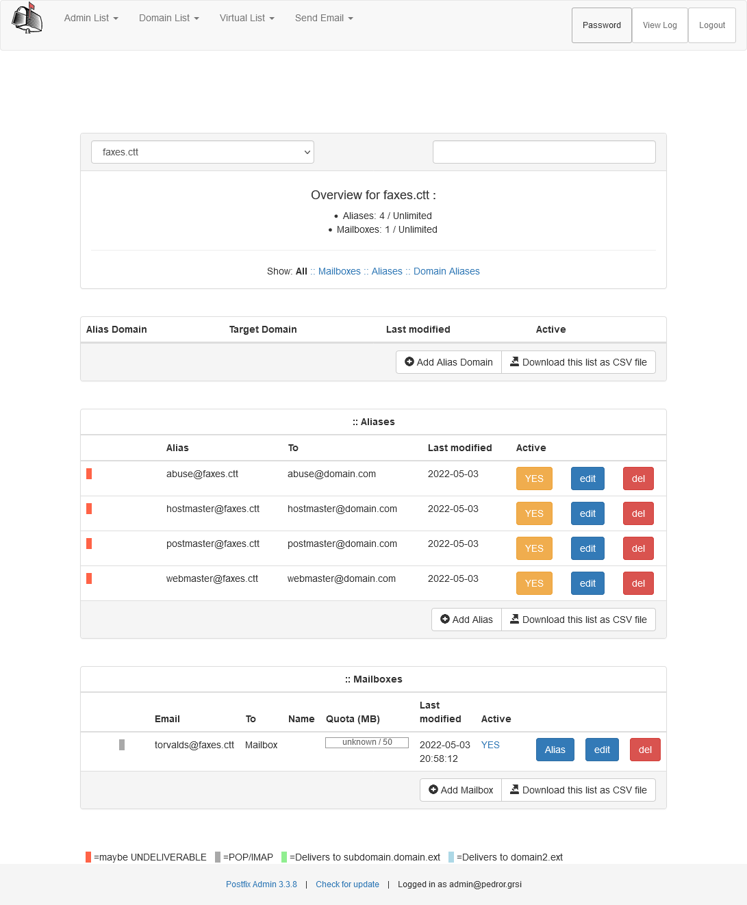 Caixas de correio disponíveis