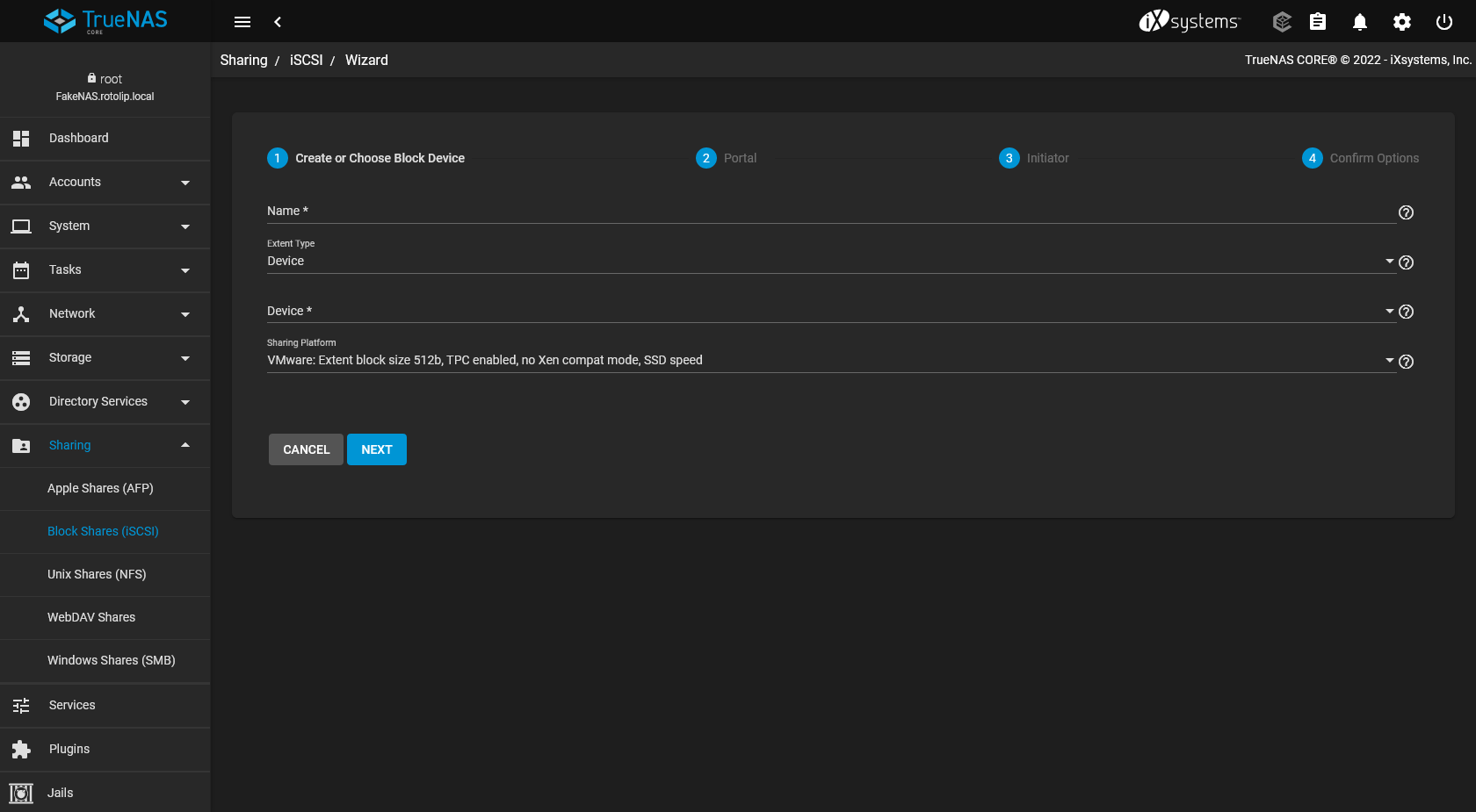 Wizard para a criação de dispositivo iSCSI