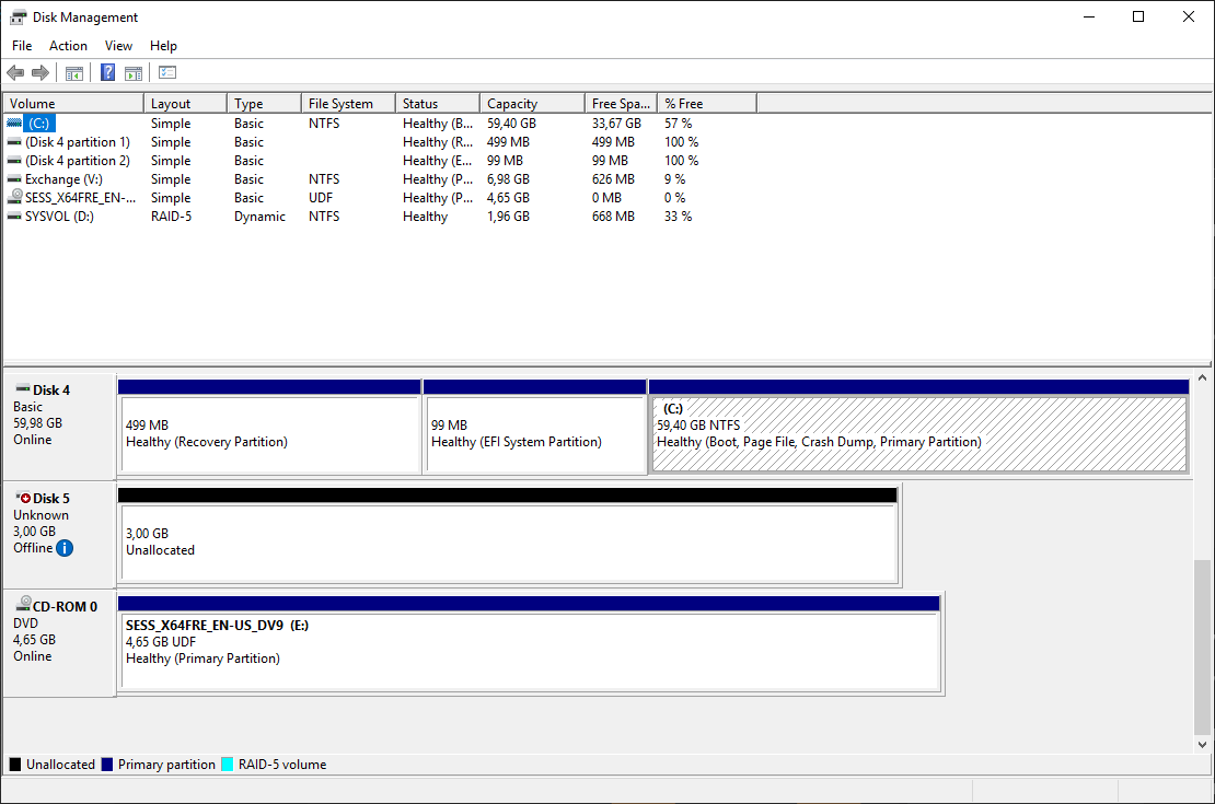 Disk Management mostrando o novo disco iSCSI